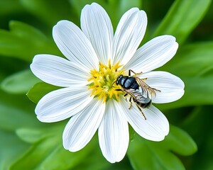 A close-up of a dark insect on a pristine white flower with a yellow center, nestled amidst vibrant green foliage