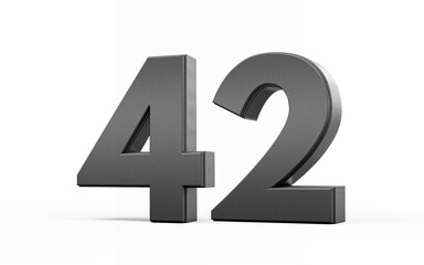 Sleek metallic Black number 42 Forty two standing on a white background, 3d illustration