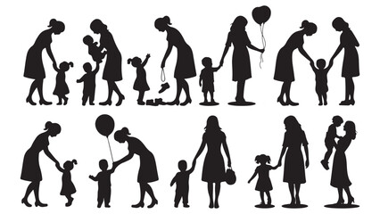 Obraz premium set of silhouettes of mothers with their children on a white background, silhouettes of women and child