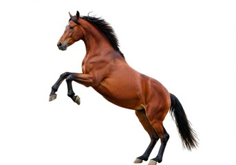 A powerful brown horse rearing up on its hind legs against a plain white background in a dynamic pose