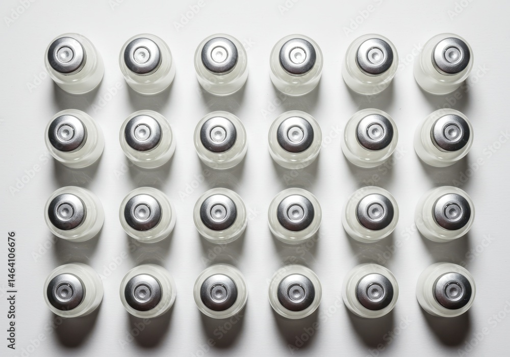 Poster rows of small glass vials with silver caps arranged on a white surface in a pattern