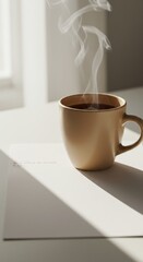 Tan Mug with Steaming Coffee on a White Table by Window Light