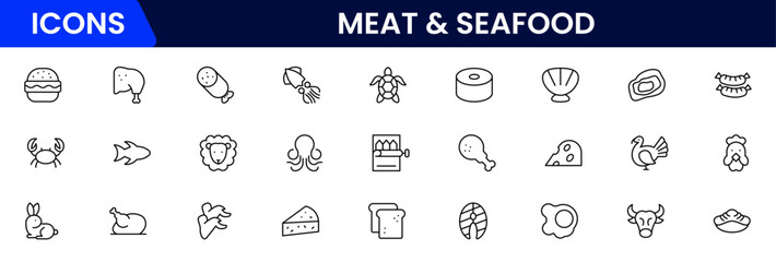 Meat, poultry, fish and eggs - minimal thin line web icon set. Outline icons collection.Simple vector illustration.