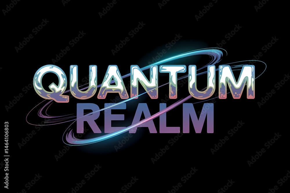 Aufkleber quantum realm text with luminous orbits on a minimalist dark background