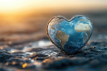 A heart-shaped Earth rests on a surface, symbolizing love for the planet against a blurred, warm sunset background.