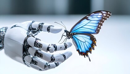 A robotic hand gently cradles a vibrant blue butterfly, showcasing a delicate interaction between technology and nature
