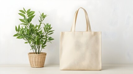 Beige tote bag beside a potted plant on a white wooden surface against a white wall