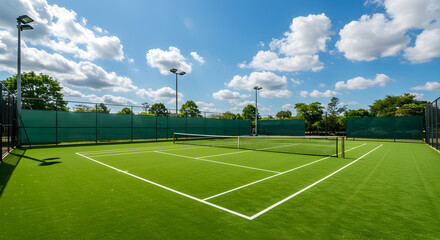 Tennis Court Green Grass Outdoor Sport Field Under Blue Sky