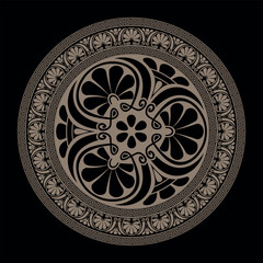 Classic Greek round ornament plate. Gold round frame with Greek meander, Byzantine pattern. Circle of Ancient Greece, Roman Empire. For design for ceramic, textile, embroidery, porcelain, engraving