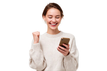 Happy woman celebrating success on her mobile phone using a beige sweater in a studio shot girl news on transparent background