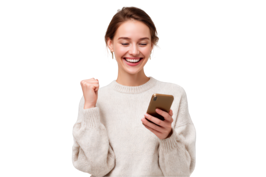 Happy woman celebrating success on her mobile phone using a beige sweater in a studio shot girl news on transparent background