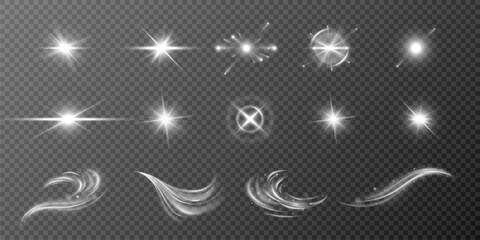 Special Light Glow Effect. Shine, Dust, Sparks, Explosions, Curved Swirls, Solar Flare, Glitter, Stars, Wind Glare, and Magical Light Motion Elements on Transparent Background