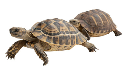 Obraz premium two turtles walking slowly isolated on white background, PNG
