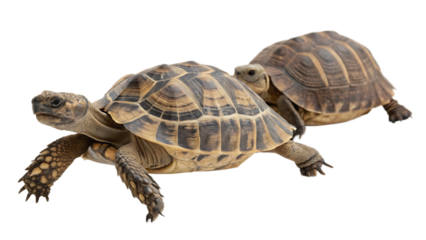 two turtles walking slowly isolated on white background, PNG
