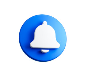 3D Blue and White bell button icon for notifications and updates. 3d illustration