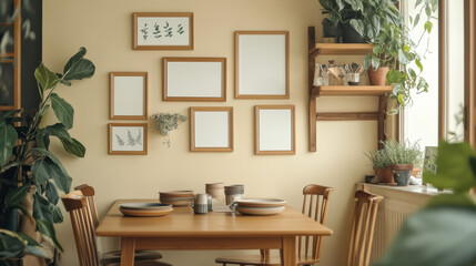Cozy dining area with natural light and minimalist decor featuring empty picture frames and potted plants