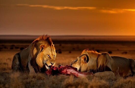 Two lions eating an antelope in the African savannah at sunset