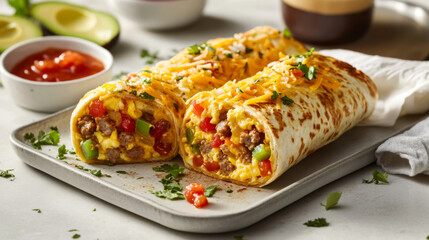 Delicious breakfast burritos filled with eggs, sausage, peppers, and cheese on a sunny kitchen counter