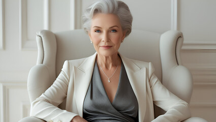 Elegant older woman exudes timeless grace and confidence in a stylish cream blazer