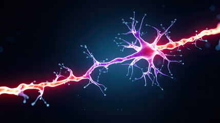 Neuron cell with dendrites and axon transmitting electrical signal in nervous system, glowing synapse connection, scientific illustration of brain activity and signal transduction pathway