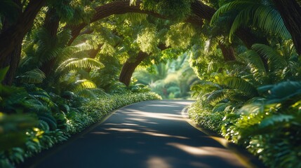Sunlit road winding through lush green forest with overhanging trees and dense foliage, creating a peaceful, natural tunnel effect.
