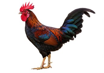 Fototapeta premium A colorful rooster stands in profile against a white background, showing off its vibrant plumage and red comb