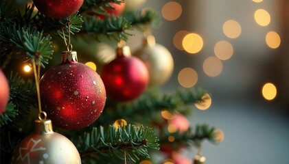 Fototapeta premium Ornament-decorated Christmas tree with presents, christmas spirit, ornaments