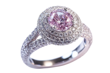 Elegant pink diamond ring with intricate detailing and sparkle.