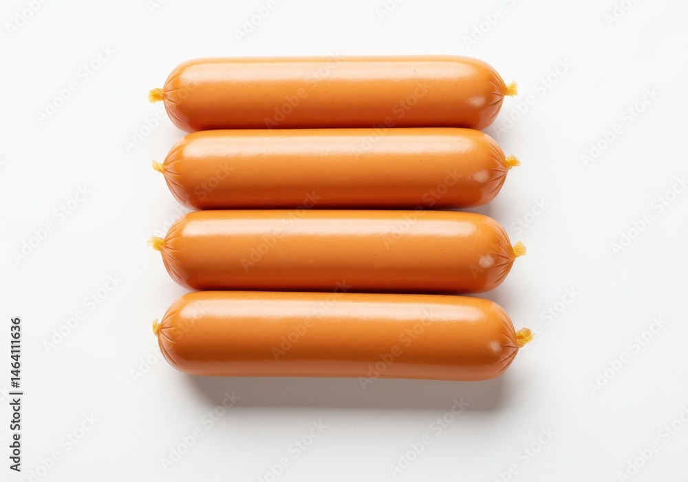 Poster four frankfurters stacked vertically on a white surface, showcasing their smooth texture and uniform