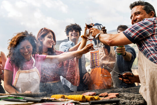 Group of friends having a barbecue and celebrating with a toast