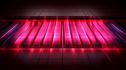 Illuminated piano keys with a neon pink light in the darkness
