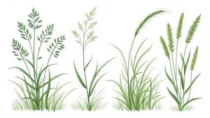 Fototapeta premium Botanical Illustrations of Various Grasses in Green Shades