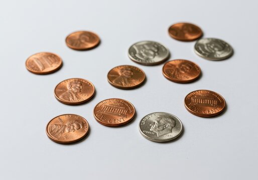 Scattered pennies and dimes on a white surface, showing american currency in a random arrangement