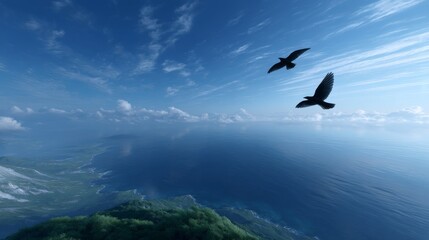 Fototapeta premium Two birds gracefully soar over a vast ocean under a bright blue sky. The scene captures freedom and tranquility in nature. Perfect for nature lovers and travel enthusiasts. AI