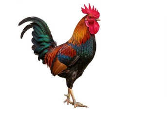 Fototapeta premium A vibrant rooster stands proudly against a stark white background, showcasing its colorful plumage and distinct features