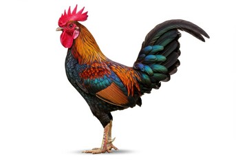 Fototapeta premium Colorful rooster standing tall with vibrant plumage against a white background in full view