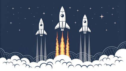 Obraz premium Unique Pictograms of Rockets in Flight Against Starry Background