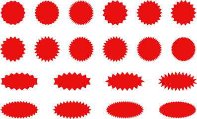 Starburst red sticker set - collection of special offer sale oval and round shaped sunburst labels and badges. Promo stickers with star edges. Promo advertising