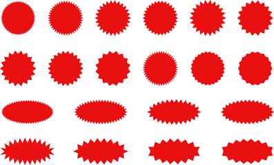 Starburst red sticker set - collection of special offer sale oval and round shaped sunburst labels and badges. Promo stickers with star edges. Promo advertising