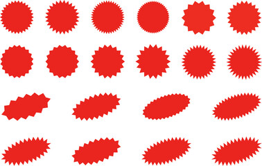 Starburst red sticker set - collection of special offer sale oval and round shaped sunburst labels and badges. Promo stickers with star edges. Promo advertising