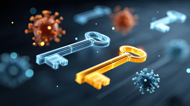 Glowing golden and blue keys floating among virus particles symbolizing immune defense and antibody neutralization in futuristic digital environment