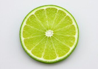 Close-up of a vibrant green lime slice against a clean white background, showcasing its juicy texture