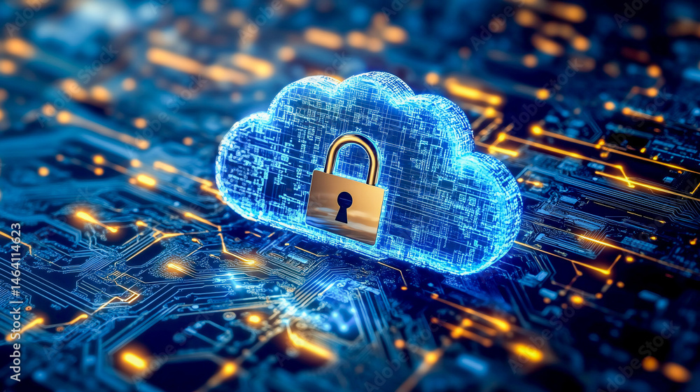 Aufkleber glowing cloud with a padlock is floating over a circuit board, representing the concept of cloud com