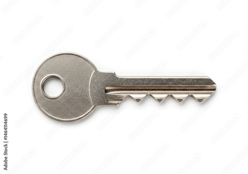 Poster close-up of a single metal key with a circular head resting on a white surface