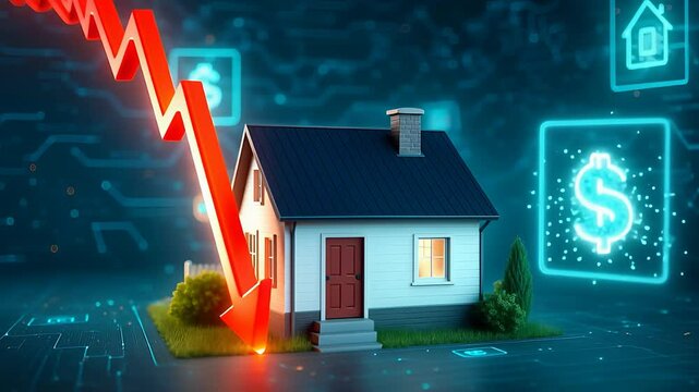 House with Red Falling Arrow Representing Real Estate Market Crash, Property Value Drop, Housing Price Fall and Economic Decline

