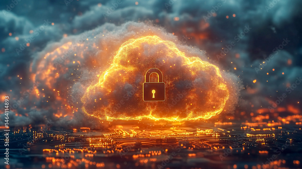Aufkleber glowing cloud with a padlock is floating over a circuit board, representing the concept of cloud com