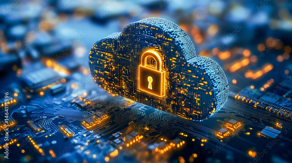 Aufkleber glowing cloud with a padlock is floating over a circuit board, representing the concept of cloud com