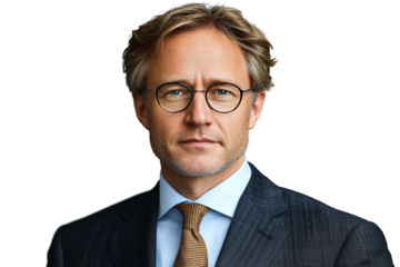 A confident businessman in glasses, wearing a formal suit, exuding professionalism and leadership in a corporate setting.