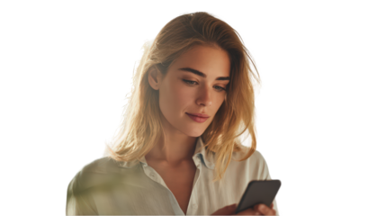 Attractive young woman using smartphone at night serene relaxed peaceful calm beautiful blonde hair on transparent background girl