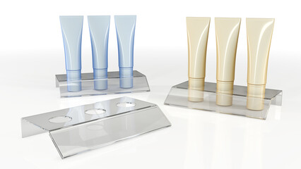 Empty acrylic cosmetic retail display stand mockup and display stands with colorful plastic cosmetic tubes. 3d illustration on white background